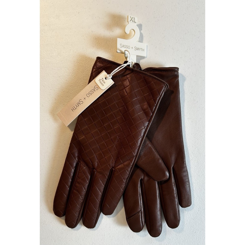 NEW! SASSO + SMYTH Brown Leather Touch Screen Checkered Pattern Gloves XL